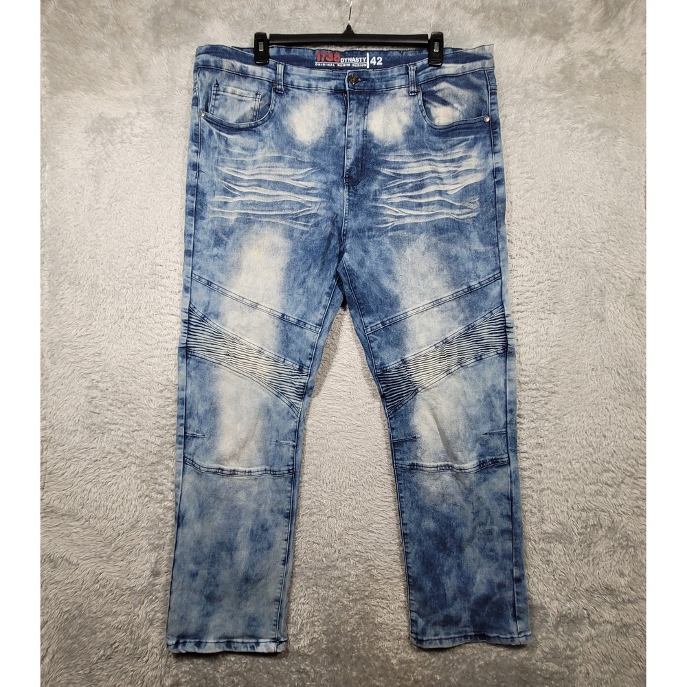 1738 Dynasty Jeans Mens 42 Blue Moto Biker Acid Distressed Stretch Denim 44x31*
